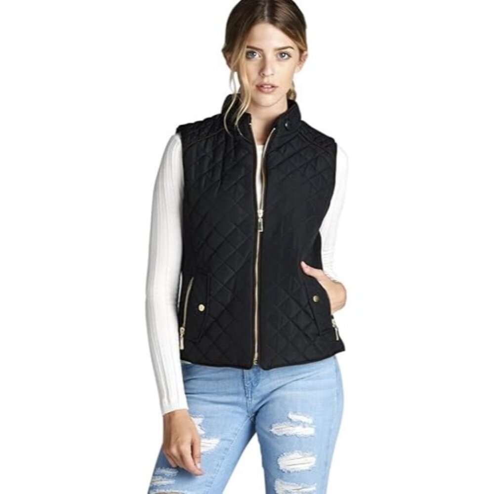 Active Basic Black Quilted Vest With Suede Piping & Gold Hardware